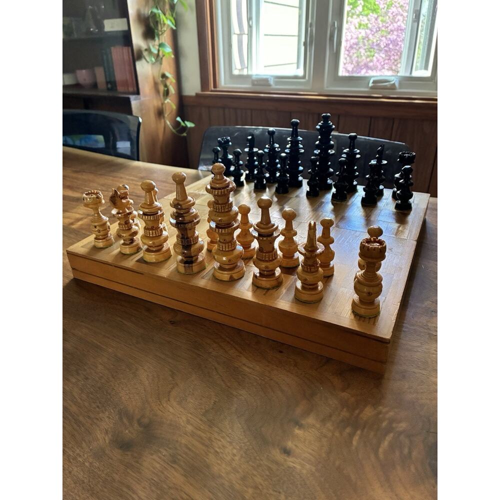 Vintage Large Piece Wooden Chess Set Complete With Board